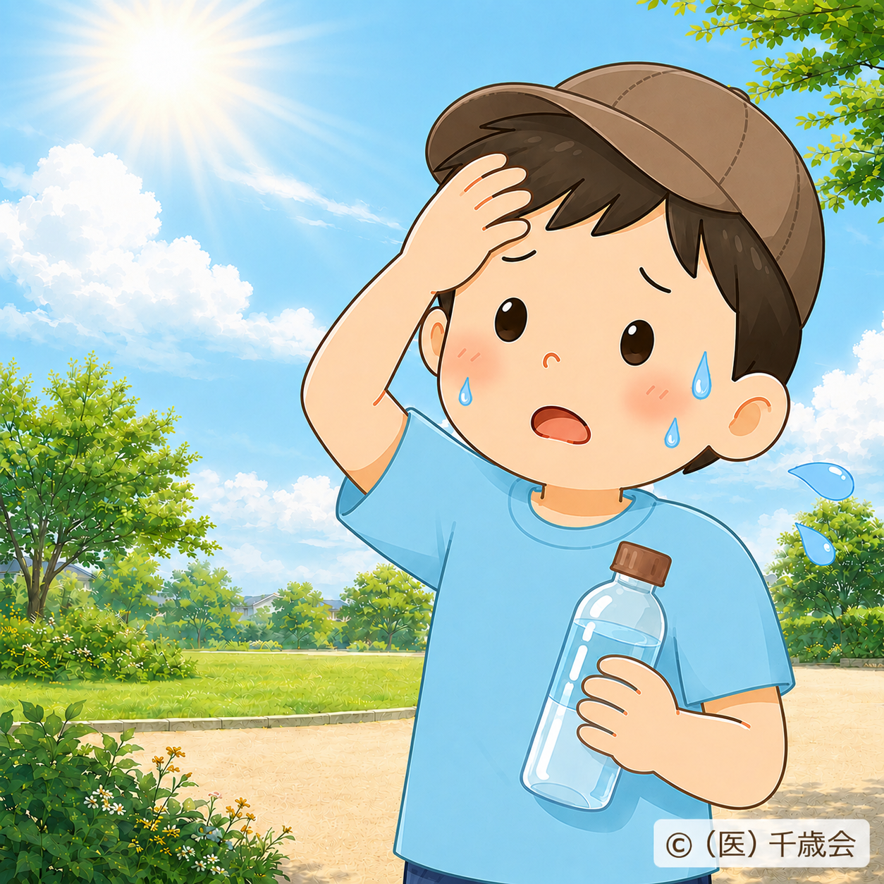 暑さで汗をかき、水分補給をしようとしている子どものイラスト